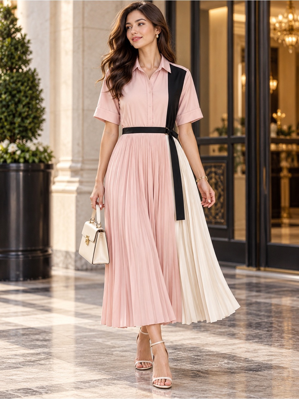 Topshop Pink Pleated Midi Dress with Black & Cream Panels